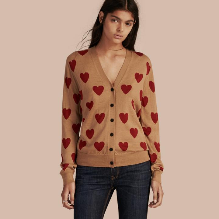 Burberry Burberry Heart Intarsia Merino Wool Cardigan, Brown