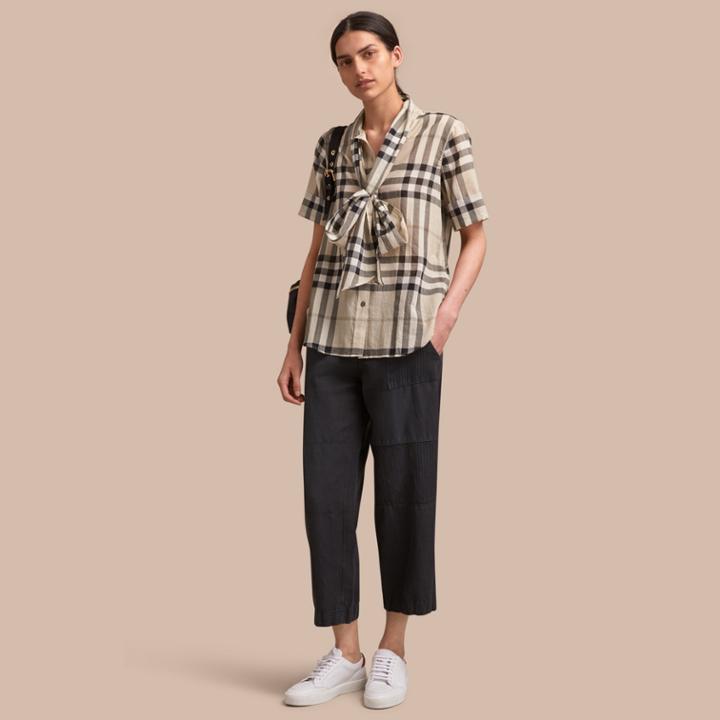 Burberry Burberry Short-sleeve Check Cotton Tie Neck Shirt, Size: M, Beige