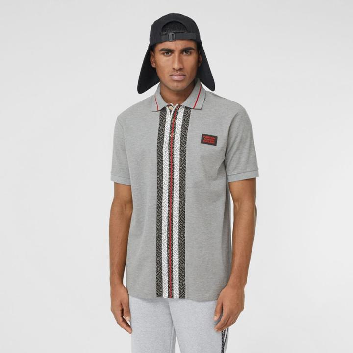 Burberry Burberry Monogram Stripe Print Cotton Piqu Polo Shirt, Grey