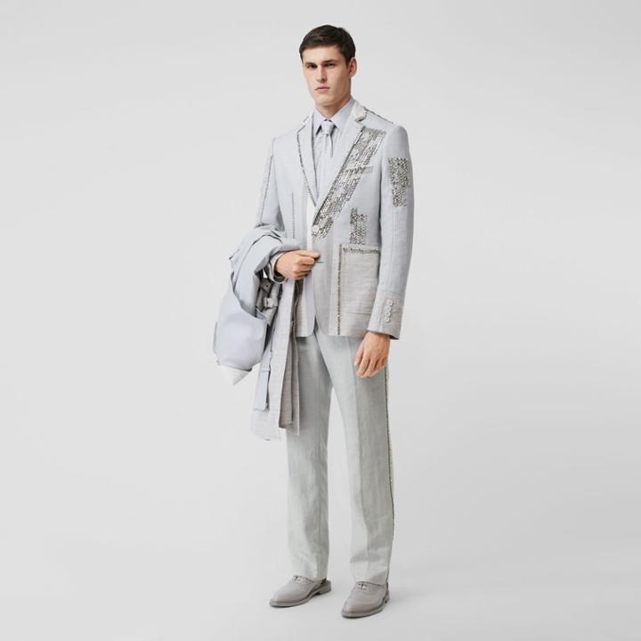 Burberry Burberry English Fit Crystal Embroidered Technical Linen Trousers, Size: 36, Grey