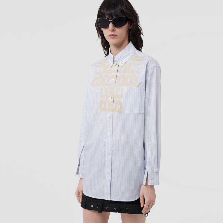 Burberry Burberry Logo Print Striped Cotton Blend Shirt, Size: 04