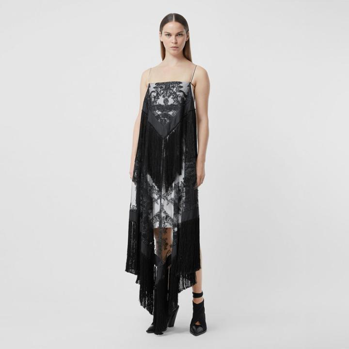 Burberry Burberry Fringed Embroidered Tulle, Twill And Silk Scarf Dress, Size: 0, Grey