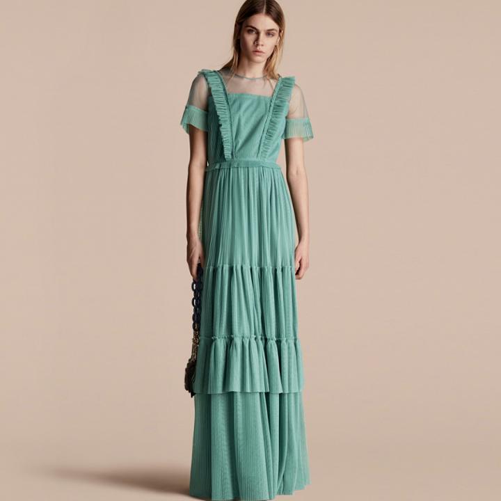 Burberry Burberry Ruffle Detail Floor-length Dress, Size: 42, Green