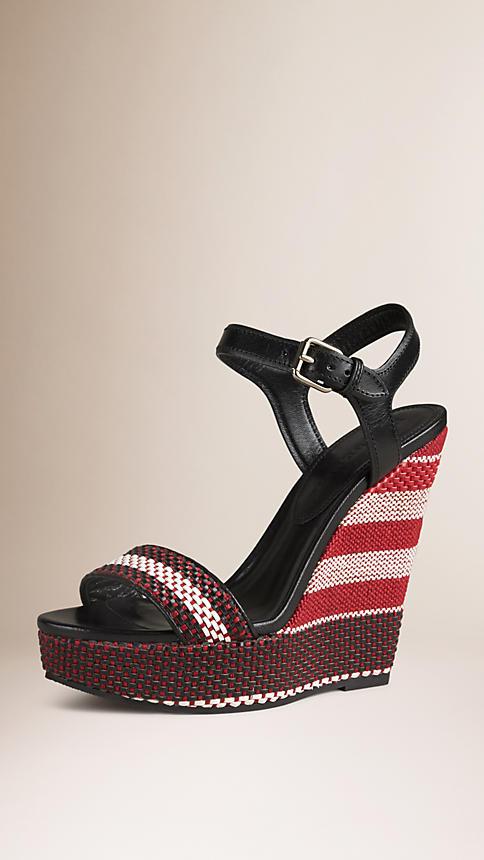 Burberry Woven Stripe And Leather Wedge Sandals