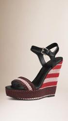 Burberry Woven Stripe And Leather Wedge Sandals