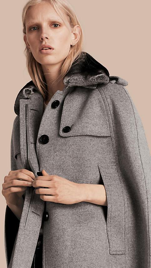 Burberry Wool Cashmere Trench Cape With Detachable Fur Collar