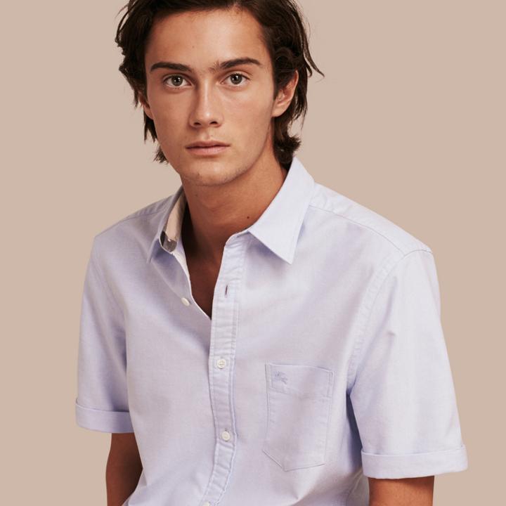 Burberry Burberry Check Detail Short-sleeved Cotton Oxford Shirt, Size: Xs, Blue