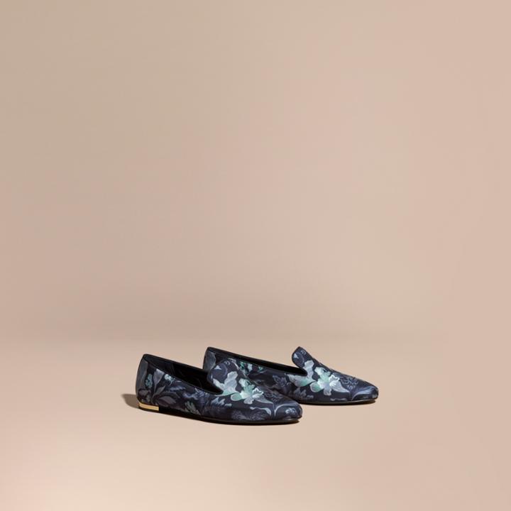 Burberry Burberry Floral Print Silk Cotton Loafers, Size: 39, Blue
