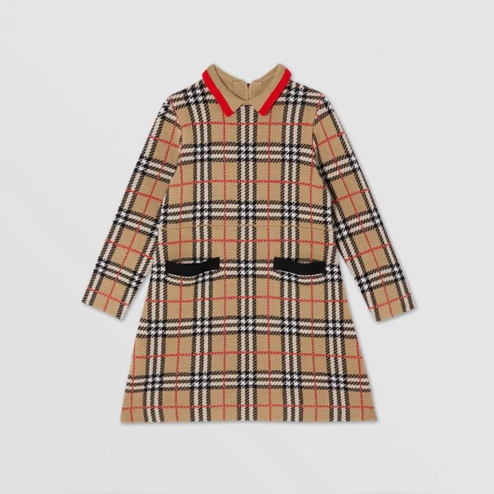 Burberry Burberry Childrens Long-sleeve Check Merino Wool Jacquard Dress, Size: 14y, Beige
