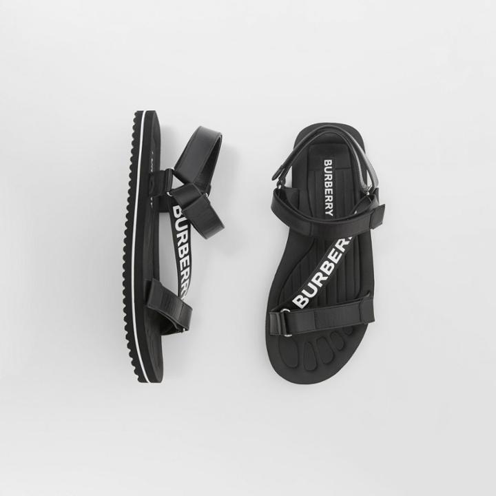Burberry Burberry Logo Print Leather Sandals, Size: 43, Black