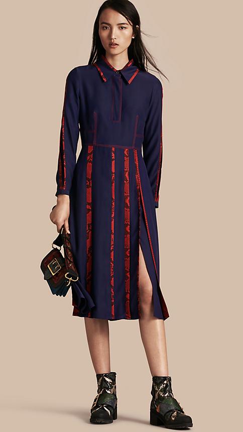 Burberry Python Print Detail Silk Satin Shirt Dress