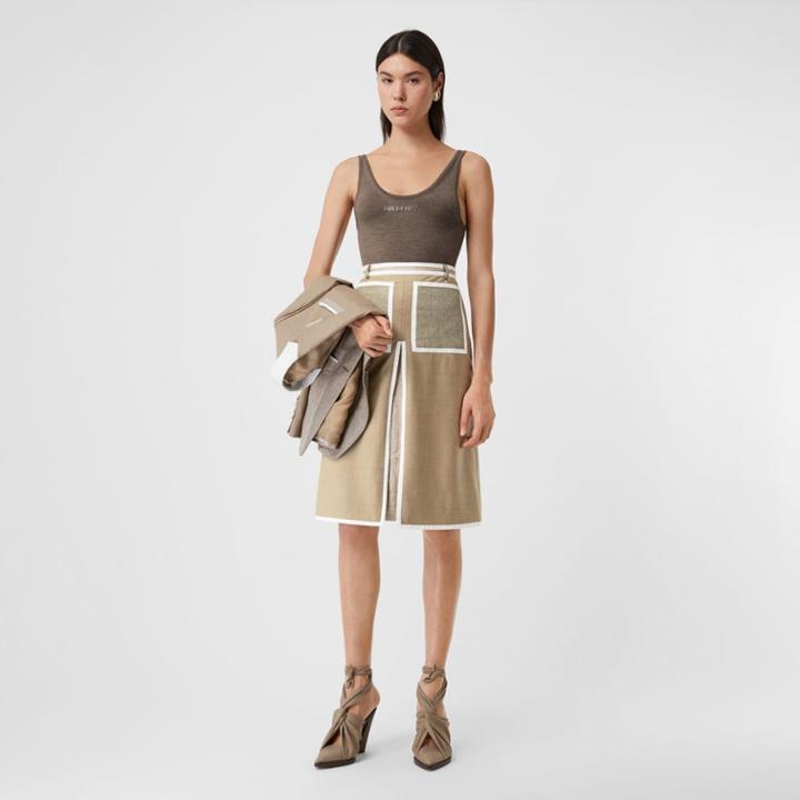 Burberry Burberry Box-pleat Detail Wool Cashmere A-line Skirt, Size: 12, Beige