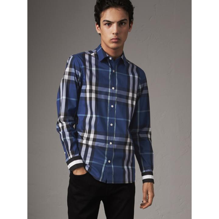 Burberry Burberry Striped Cuff Check Cotton Blend Shirt, Size: M, Blue