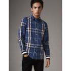 Burberry Burberry Striped Cuff Check Cotton Blend Shirt, Size: M, Blue