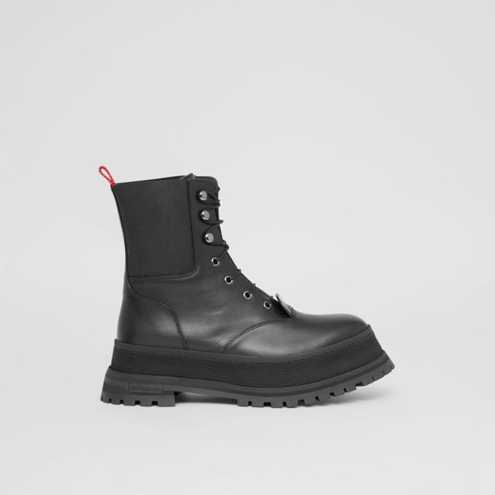 Burberry Burberry Icon Stripe Detail Lace-up Leather Boots, Size: 35, Black