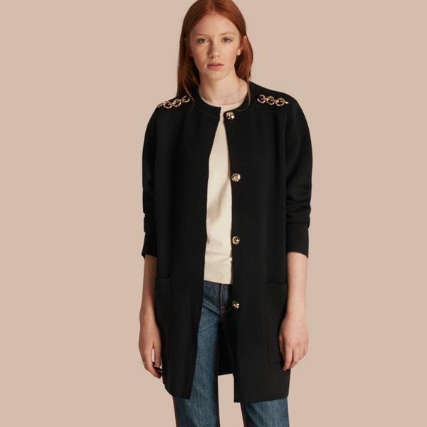 Burberry Chain Detail Wool Cashmere Blend Knitted Coat
