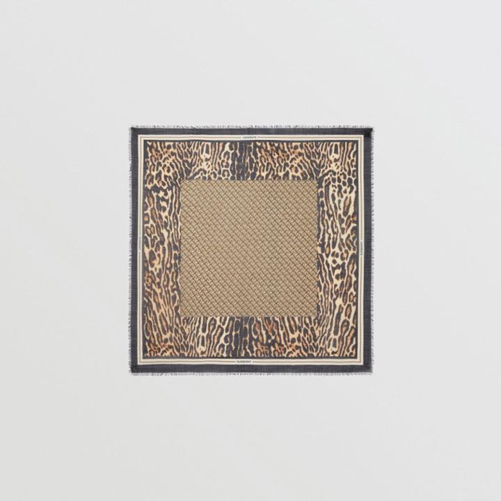 Burberry Burberry Monogram Print Wool Silk Large Square Scarf, Beige
