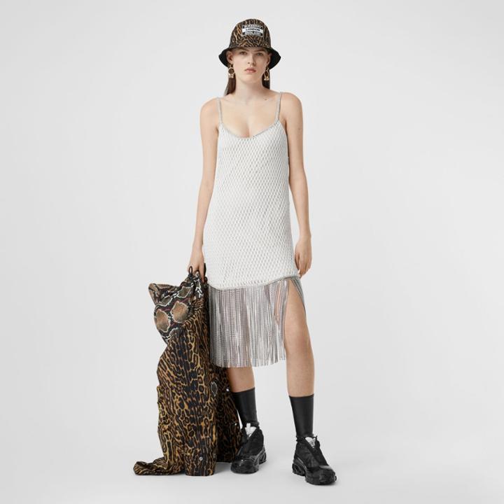 Burberry Burberry Crystal Fringe Cotton Mesh Dress, Size: 0, White
