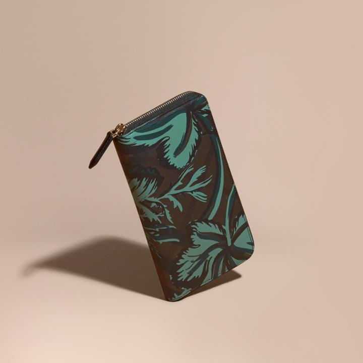 Burberry Burberry Floral Print London Check Ziparound Wallet, Brown