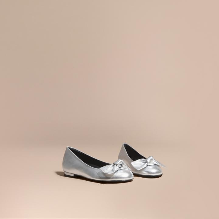 Burberry Burberry Bow Detail Metallic Leather Ballerinas, Size: 32, Grey