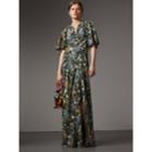 Burberry Burberry Beasts Print Deep V-neck Silk Longline Dress, Size: 04, Green