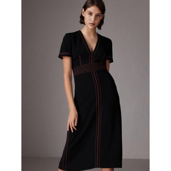 Burberry Burberry Contrast Topstitch Detail Crepe V-neck Dress, Size: 08