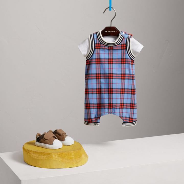 Burberry Burberry Stripe Detail Check Cotton Playsuit, Size: 3m