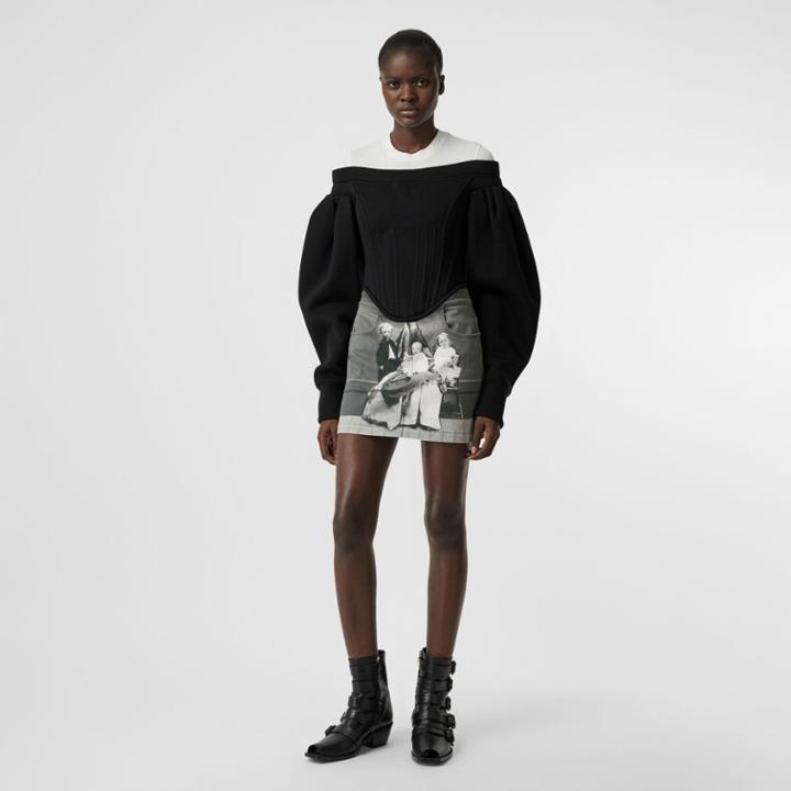 Burberry Burberry Victorian Portrait Print Stretch Denim Mini Skirt, Size: 00, Grey