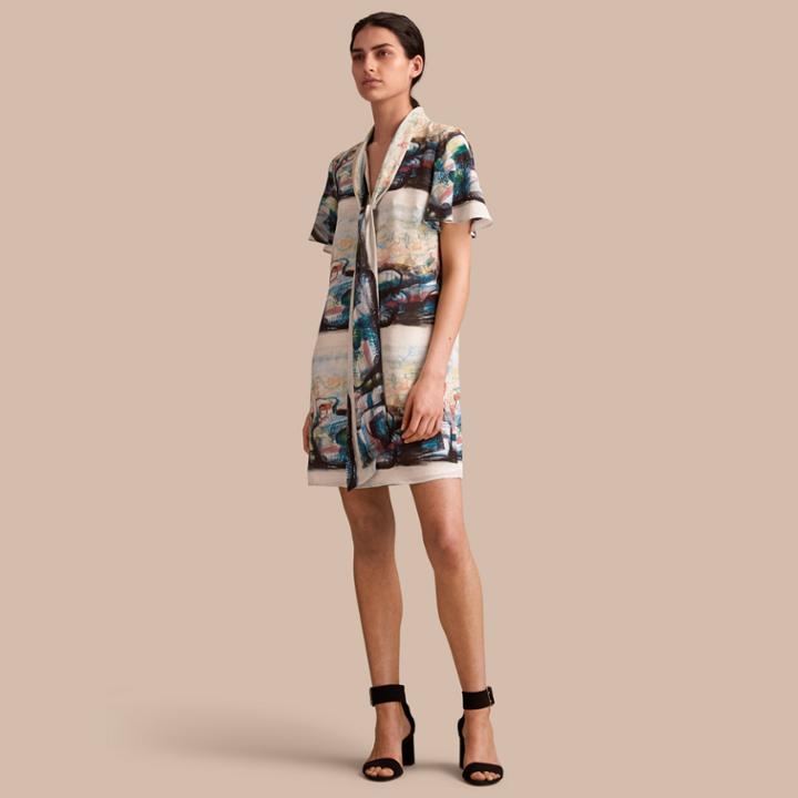 Burberry Burberry Reclining Figure: Bunched Print Silk Dress With Neck Tie, Size: 10, White