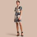 Burberry Burberry Reclining Figure: Bunched Print Silk Dress With Neck Tie, Size: 10, White