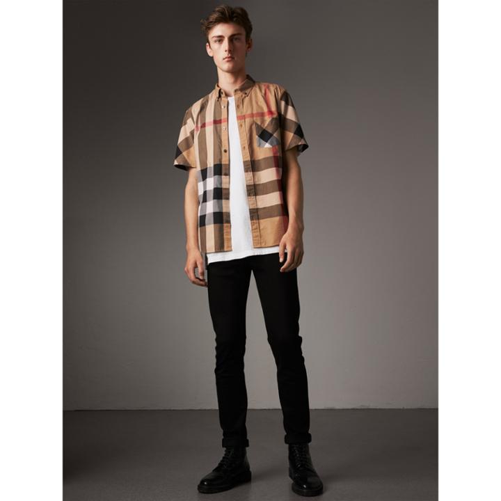 Burberry Burberry Short-sleeve Check Stretch Cotton Blend Shirt, Brown