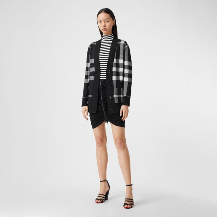 Burberry Burberry Deer Motif Check Wool Blend Jacquard Cardigan, Size: Xs, Black