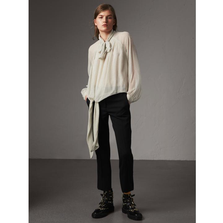 Burberry Burberry Pussy-bow Dot Print Silk Crepon Blouse, Size: 08, White