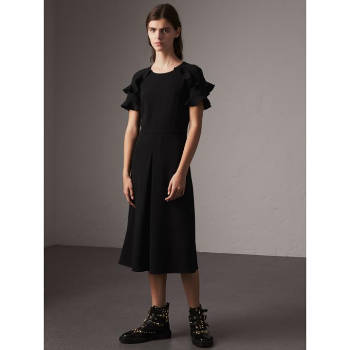 Burberry Burberry Ruffle Detail Short-sleeve Crepe Dress, Size: 06, Black