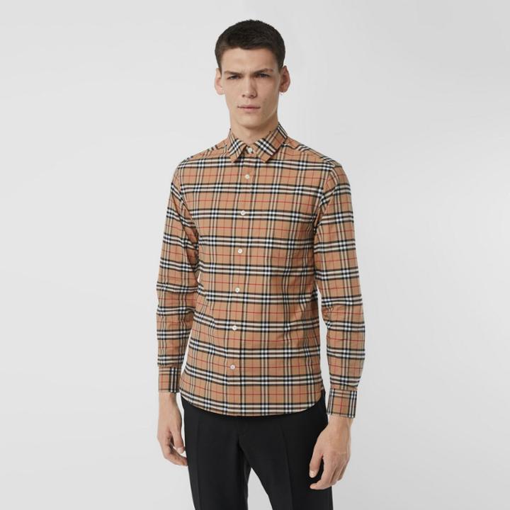 Burberry Burberry Check Stretch Cotton Shirt, Size: Xl, Beige