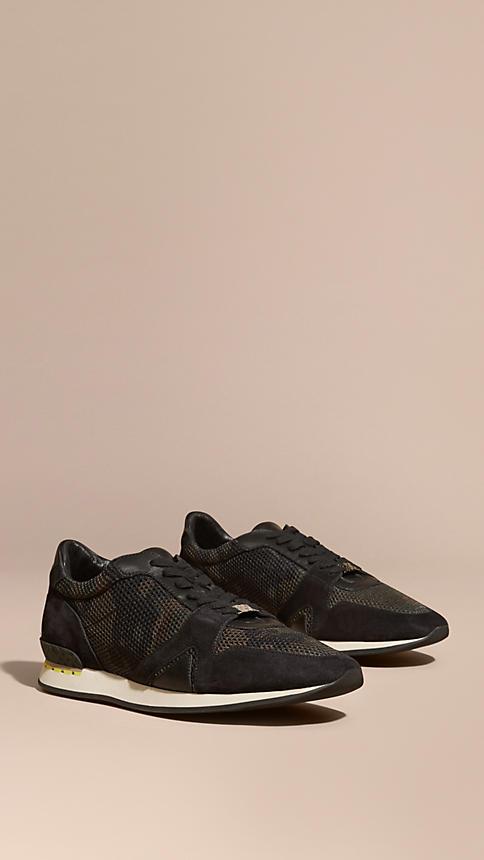 Burberry The Field Sneaker In Suede And Camouflage Mesh