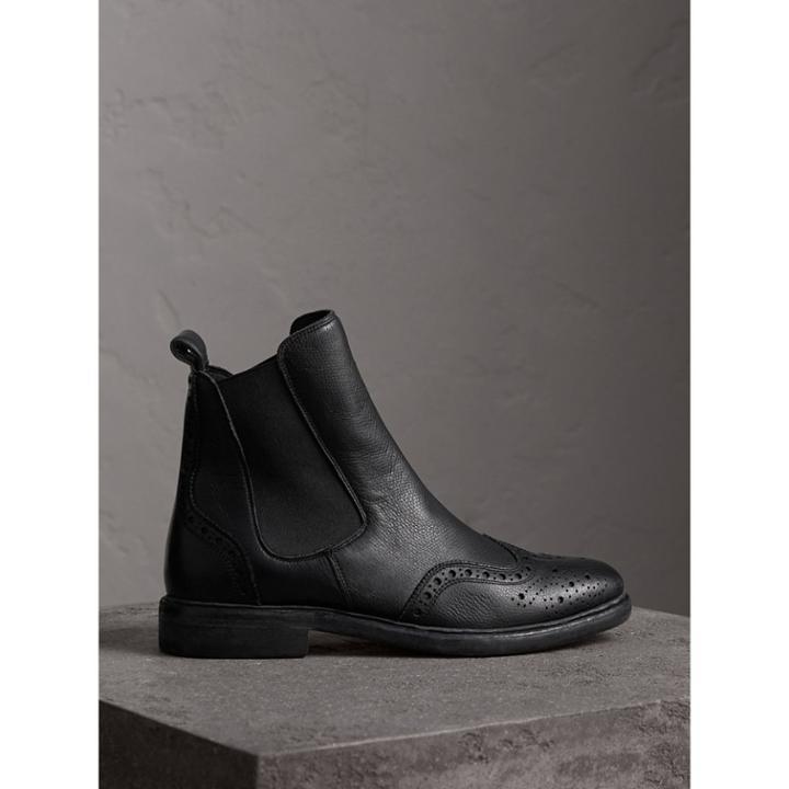 Burberry Burberry Brogue Detail Textured Leather Chelsea Boots, Size: 37, Black