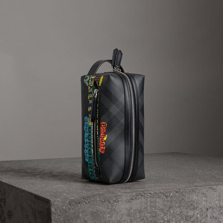 Burberry Burberry Tag Print London Check And Leather Pouch, Black