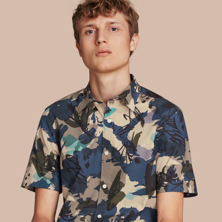 Burberry Burberry Short-sleeved Abstract Print Cotton Poplin Shirt, Size: Xl, Blue