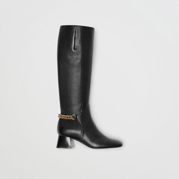 Burberry Burberry Link Detail Leather Knee-high Boots, Size: 37.5, Black