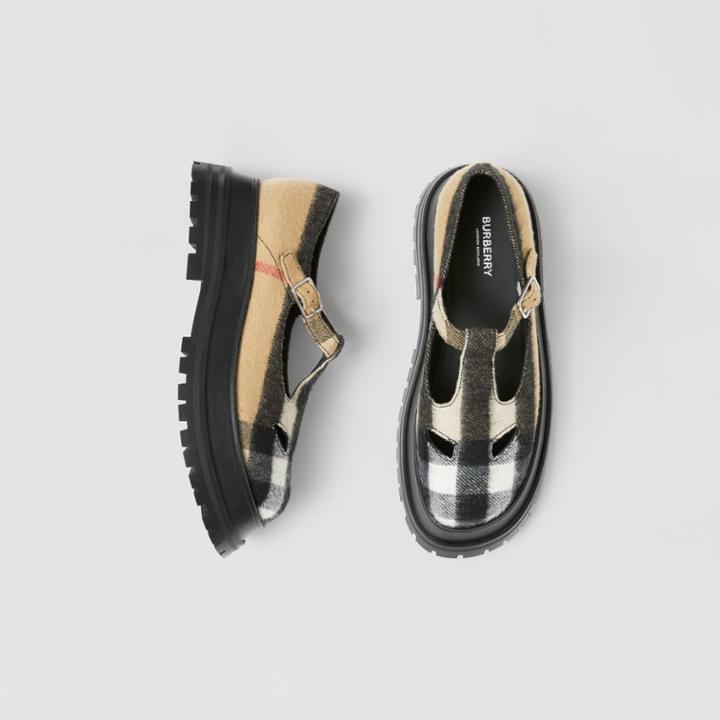 Burberry Burberry Check Wool T-bar Shoes, Size: 38, Beige