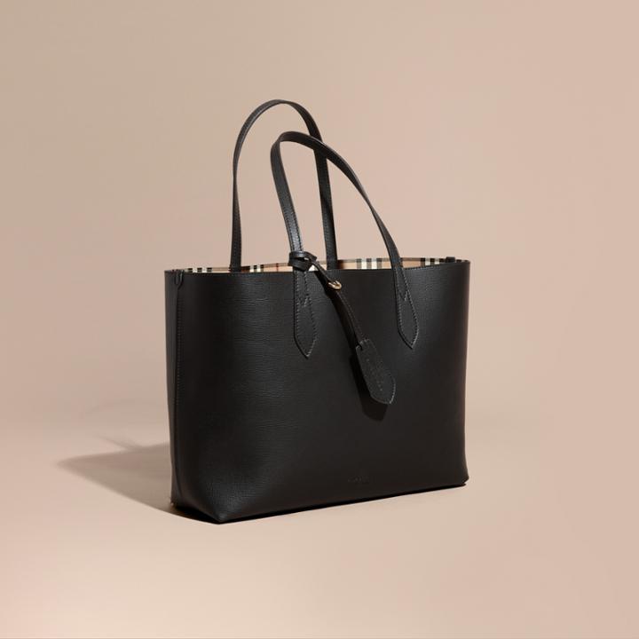 Burberry Burberry The Medium Reversible Tote In Haymarket Check And Leather, Black