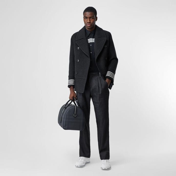 Burberry Burberry Striped Cuff Wool Pea Coat, Size: 38, Black
