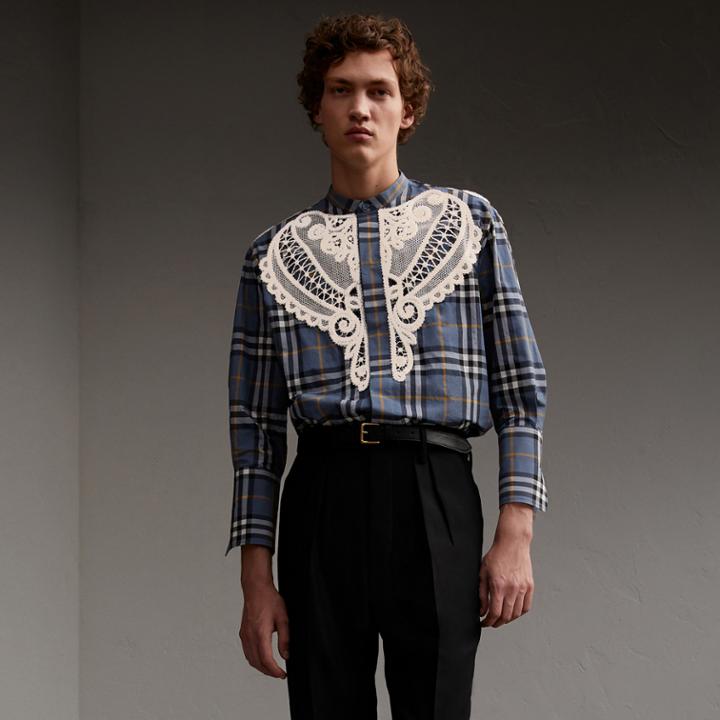 Burberry Burberry Lace Appliqu Check Cotton Shirt, Size: 16, Blue