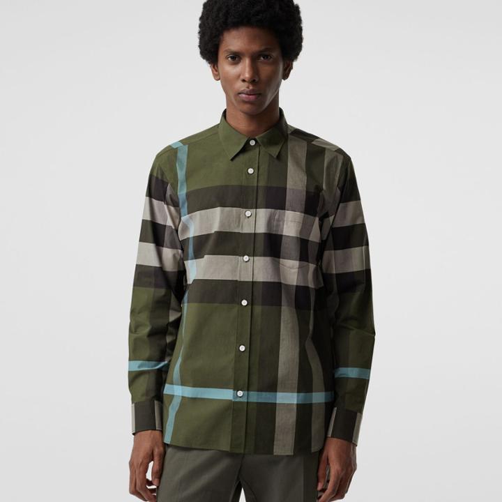 Burberry Burberry Check Stretch Cotton Shirt, Size: Xl, Green