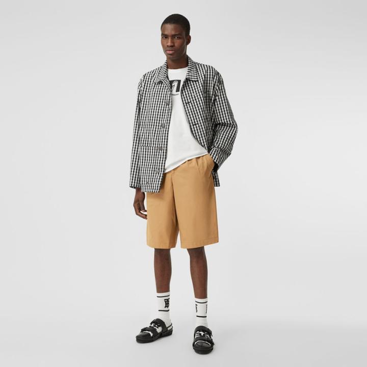 Burberry Burberry Icon Stripe Detail Cotton Twill Tailored Shorts, Size: 38, Brown
