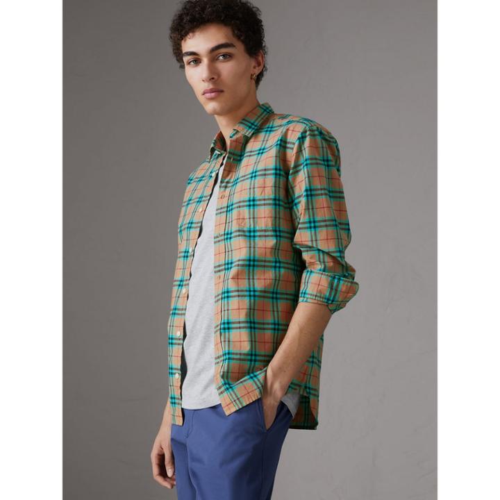 Burberry Burberry Check Cotton Shirt, Size: L, Green