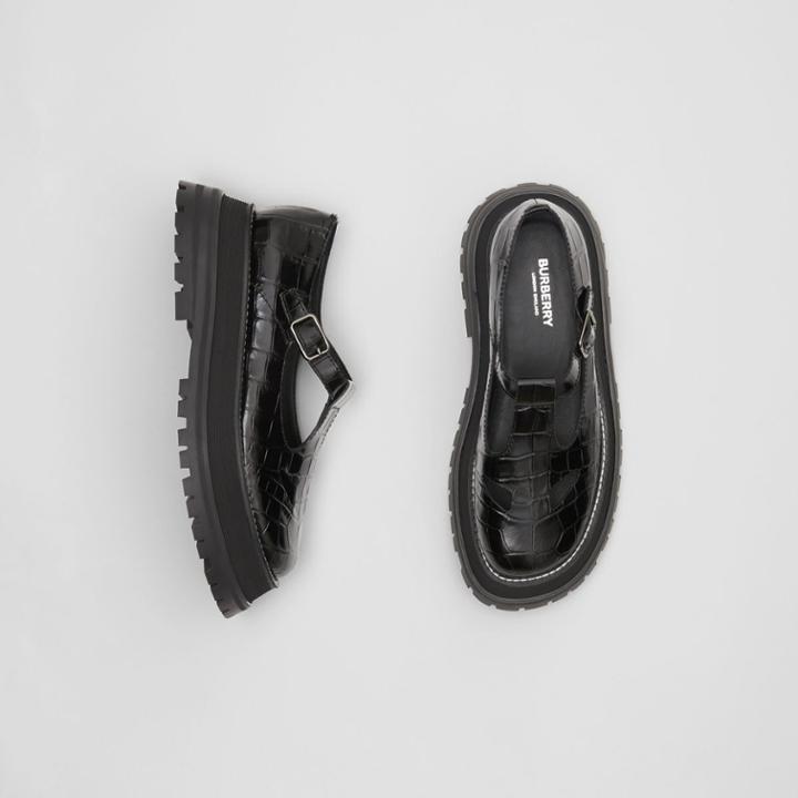 Burberry Burberry Embossed Leather T-bar Shoes, Size: 38, Black