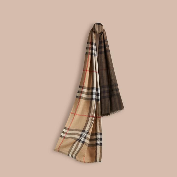 Burberry Burberry Ombr Check Lightweight Wool Silk Scarf, Brown
