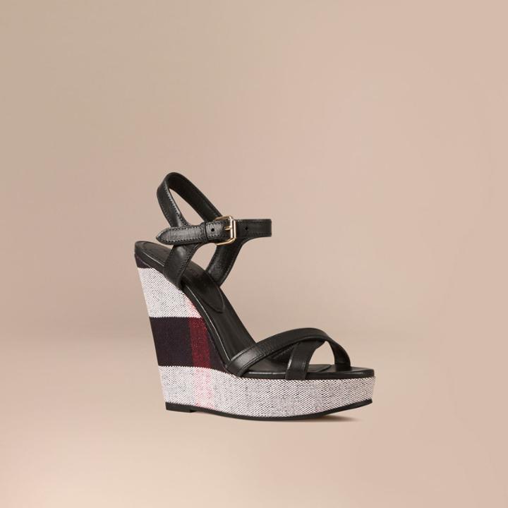 Burberry Burberry Canvas Check Leather Platform Wedges, Size: 38.5, Black